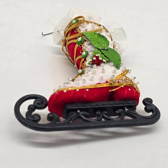 Christmas Ice Skate Boot Sleigh Ornament With Bead Sequins & Lace - Picture 2 of 6